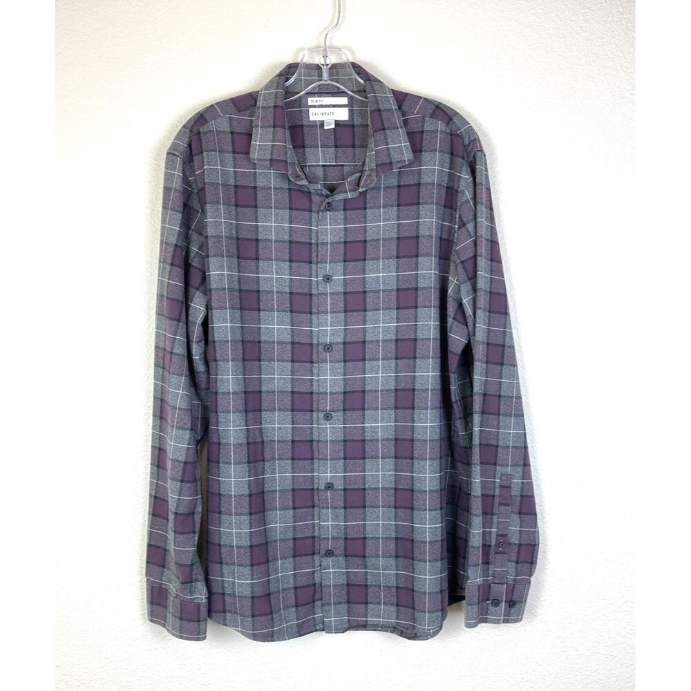Calibrate Men's Button Up Shirt Slim Fit Size L Purple Gray Plaid